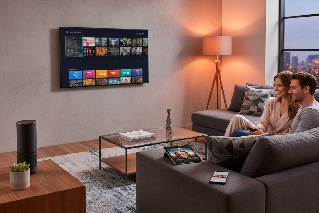 Couple comparing streaming services on TV and devices at home