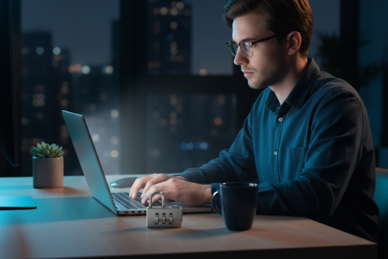 Person at laptop considering best free VPNs versus paid options at night