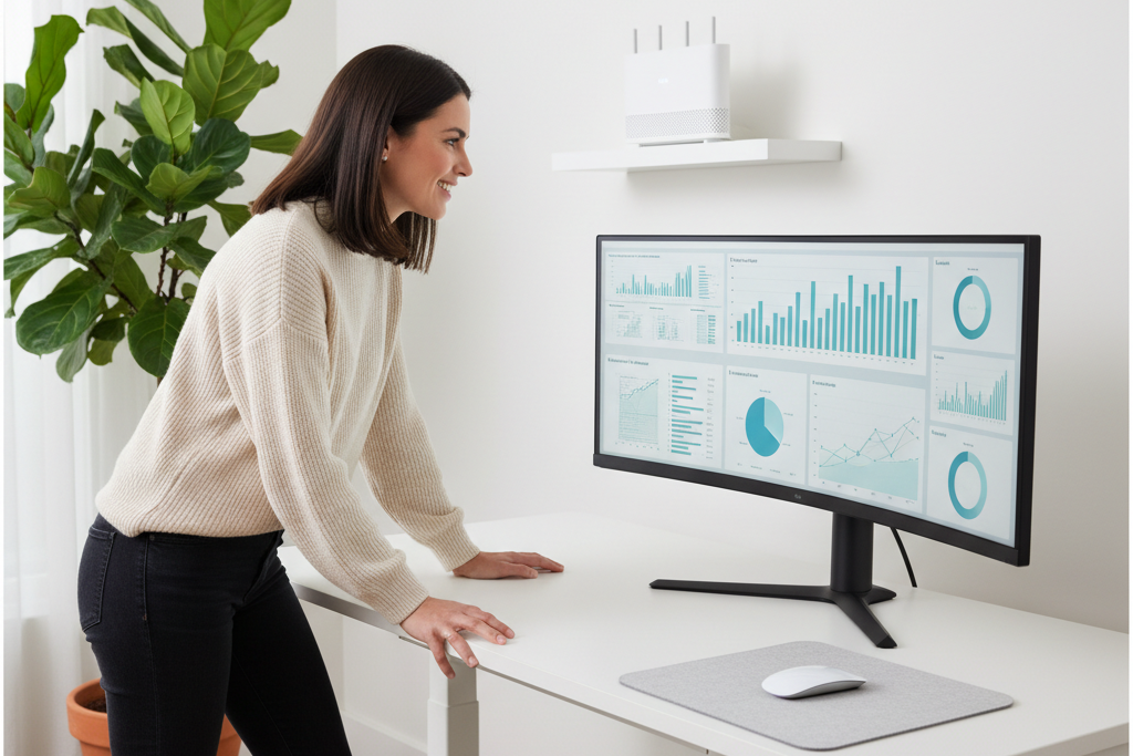 Professional woman enjoying fast secure VPN streaming on ultrawide monitor