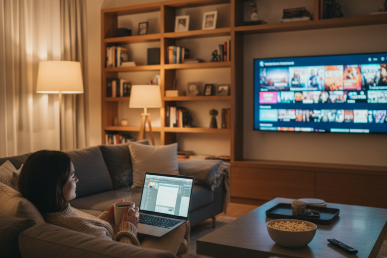Woman streaming content at home using NordVPN Netflix on laptop